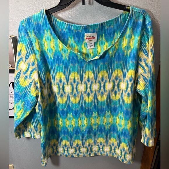 Ruby Red Favorites Multi Color Blue Green 3/4 Sleeve Cotton/ spandex Top Sz PXL - Picture 1 of 9